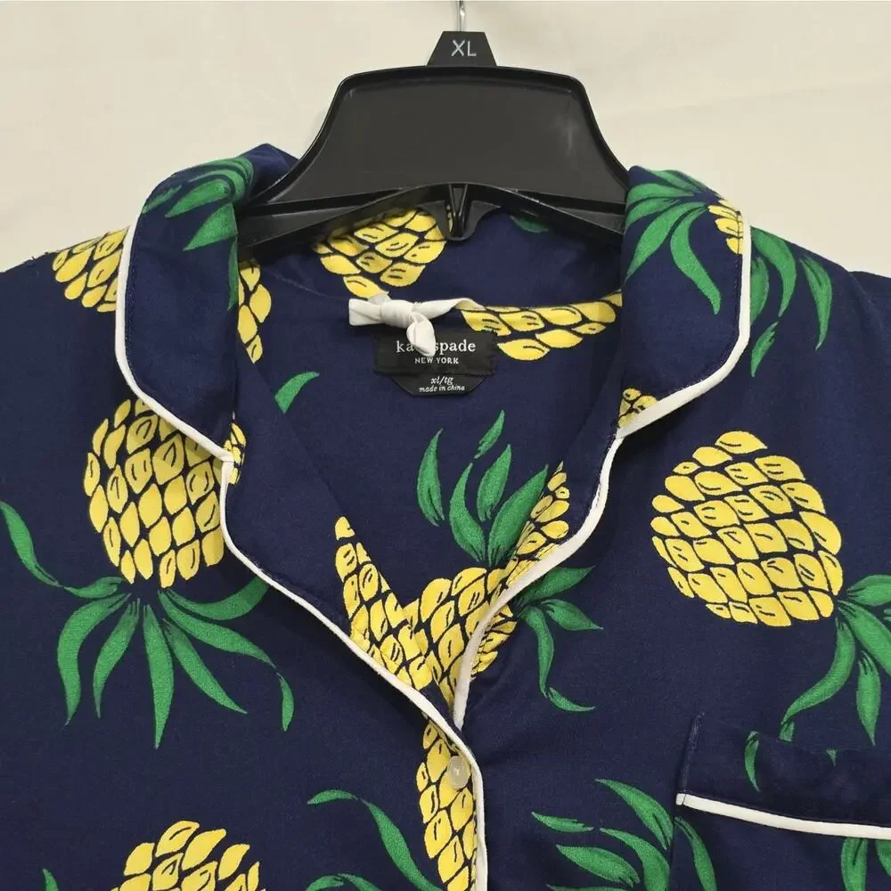 kate spade new york Womens XL Pineapple Pajama Top Navy Button Front Pocket